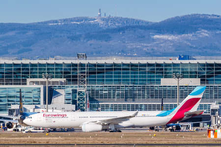 Frankfurt, Germany - February 13, 2021: Eurowings Airbus A330-300 airplane at Frankfurt Airport (FRA) in Germany. Airbus is a European aircraft manufacturer based in Toulouse, France.のeditorial素材