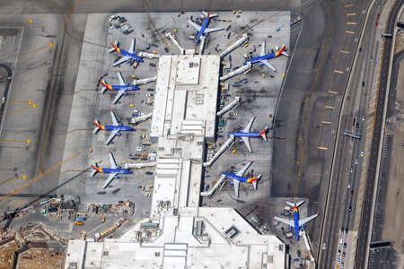 Los Angeles, California - April 14, 2019: Los Angeles International Airport LAX Southwest Airlines Terminal 1 aerial view in the United States.のeditorial素材