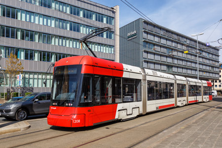 Nuremberg, Germany - April 24, 2021: Tram public transport main station Hauptbahnhof in Nuremberg,...