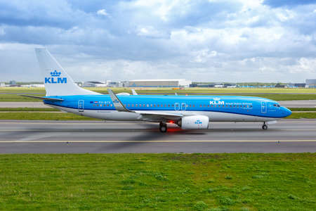 Amsterdam, Netherlands - May 21, 2021: KLM Royal Dutch Airlines Boeing 737-800 airplane at Amsterdam Schiphol airport (AMS) in the Netherlands.のeditorial素材