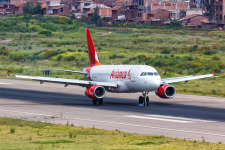 Cuzco, Peru - February 2, 2019: Avianca Airbus A320 airplane at Cuzco Airport (CUZ) in Peru. Airbus is a European aircraft manufacturer based in Toulouse, France.のeditorial素材