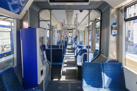 Kassel, Germany - August 8, 2020: Tram interior Bombardier Flexity Classic public transport in Kassel, Germany.のeditorial素材