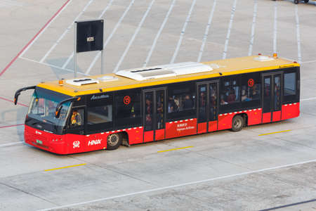 Beijing, China - October 2, 2019: Hainan Airlines apron bus Aeroabus at Beijing Capital Airport (PEK) in China.のeditorial素材