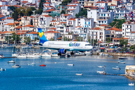 Skiathos, Greece - June 6, 2016: Condor Airbus A320 airplane at Skiathos airport (JSI) in Greece.のeditorial素材