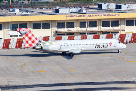 Skiathos, Greece - June 7, 2016: Volotea Boeing 717 airplane at Skiathos airport (JSI) in Greece.