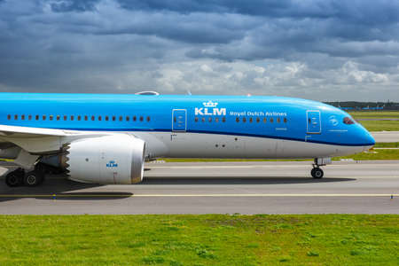 Amsterdam, Netherlands - May 21, 2021: KLM Royal Dutch Airlines Boeing 787-9 Dreamliner airplane at...