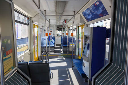 Kassel, Germany - August 8, 2020: Tram interior Bombardier Flexity Classic public transport in...