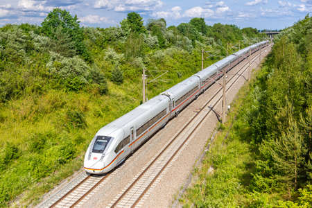 Stuttgart, Germany - June 12, 2021: XXL-ICE 4 Deutsche Bahn DB high-speed train railway line Mannheim-Stuttgart in Germany.のeditorial素材