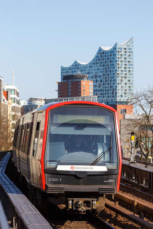 Hamburg, Germany - April 20, 2021: Hochbahn Metro train Elbpromenade LandungsbrÃ¼cken with...