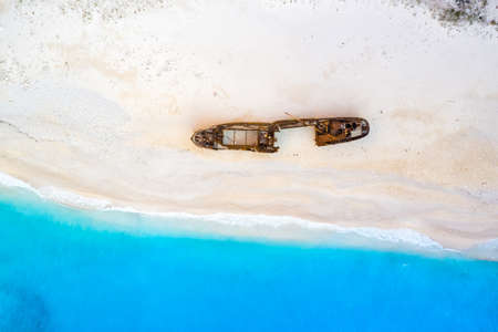 Zakynthos island Greece shipwreck Navagio beach travel vacation background drone view aerial photo tourismの写真素材