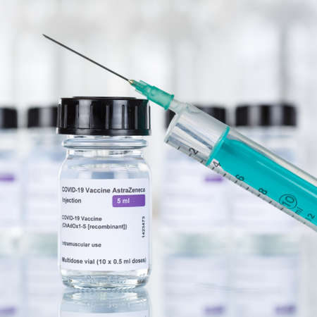 Stuttgart, Germany - March 19, 2021: AstraZeneca Coronavirus Vaccine Corona Virus COVID-19 Covid syringe vaccines square in Germany.のeditorial素材