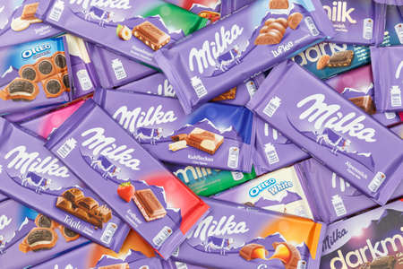 Stuttgart, Germany - March 3, 2021: Milka chocolate chocolates different types variety background in Germany.のeditorial素材