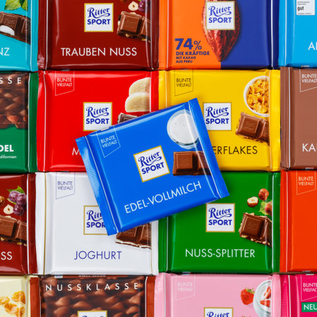 Stuttgart, Germany - March 1, 2021: Ritter Sport chocolate chocolates different types variety background square in Germany.のeditorial素材