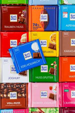 Stuttgart, Germany - March 1, 2021: Ritter Sport chocolate chocolates different types variety background portrait format in Germany.のeditorial素材