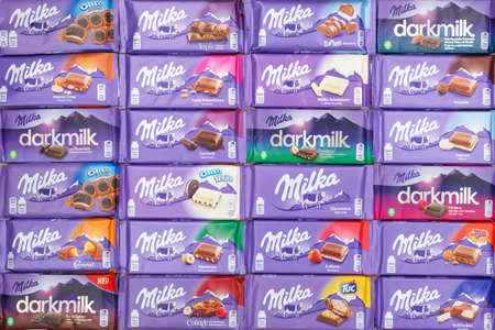 Stuttgart, Germany - March 3, 2021: Milka chocolate chocolates different types variety background in Germany.のeditorial素材