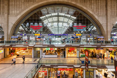 Leipzig, Germany - August 19, 2020: Leipzig main railway station Hauptbahnhof Hbf Deutsche Bahn DB hall shops in Germany.のeditorial素材