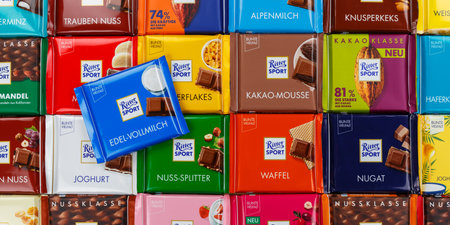 Stuttgart, Germany - March 1, 2021: Ritter Sport chocolate chocolates different types variety background banner in Germany.のeditorial素材