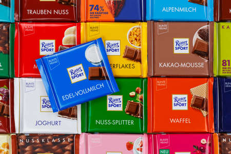 Stuttgart, Germany - March 1, 2021: Ritter Sport chocolate chocolates different types variety background in Germany.のeditorial素材