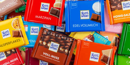 Stuttgart, Germany - March 1, 2021: Ritter Sport chocolate chocolates different types variety background banner in Germany.のeditorial素材