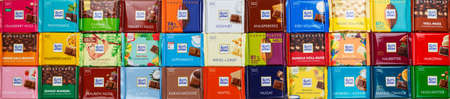 Stuttgart, Germany - March 1, 2021: Ritter Sport chocolate chocolates different types variety background banner in Germany.のeditorial素材