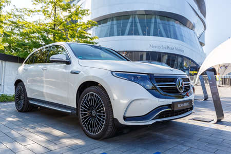 Stuttgart, Germany - September 15, 2019: Mercedes-Benz electric car EQC 400 4Matic Daimler Mercedes Benz eco green clean energy in Stuttgart, Germany.のeditorial素材