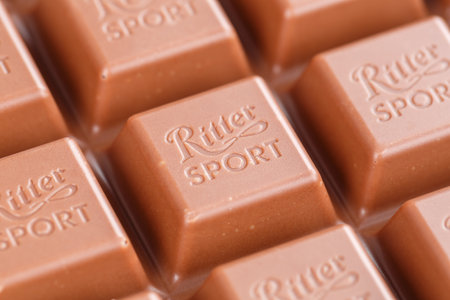 Stuttgart, Germany - March 8, 2021: Ritter Sport chocolate bar company logo in Stuttgart, Germany.のeditorial素材