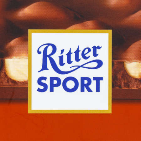 Stuttgart, Germany - March 8, 2021: Ritter Sport chocolate company logo square in Stuttgart, Germany.のeditorial素材