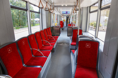 Fulpmes, Austria - August 1, 2020: Stubaitalbahn Innsbruck Tram train interior in Austria.のeditorial素材