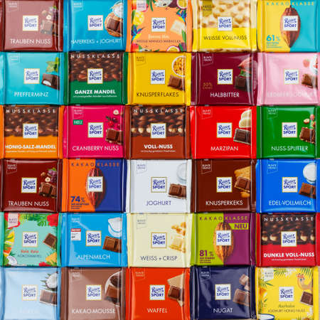Stuttgart, Germany - March 1, 2021: Ritter Sport chocolate chocolates different types variety background square in Germany.のeditorial素材