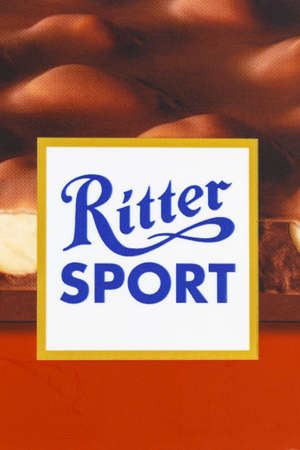 Stuttgart, Germany - March 8, 2021: Ritter Sport chocolate company logo portrait format in Stuttgart, Germany.のeditorial素材