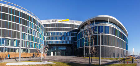 Stuttgart, Germany - December 19, 2020: Ernst & Young EY headquarter HQ Skyloop building panoramic view at Stuttgart airport in Germany.のeditorial素材
