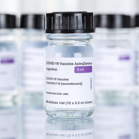 Stuttgart, Germany - March 19, 2021: AstraZeneca Coronavirus Vaccine Corona Virus COVID-19 Covid vaccines square in Germany.のeditorial素材