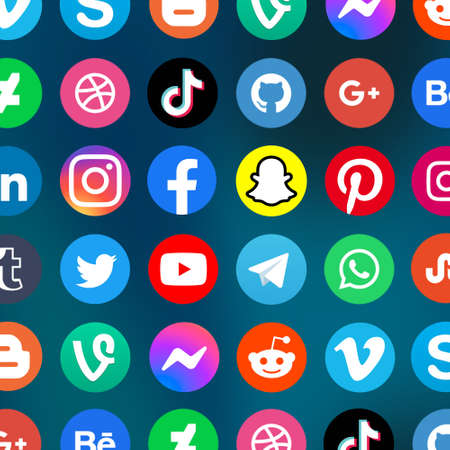 Stuttgart, Germany - April 5, 2021: Logo of social media icons marketing network Facebook, Instagram, YouTube, Twitter and WhatsApp on the internet square in Stuttgart, Germany.のeditorial素材