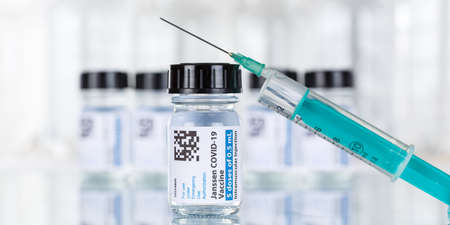 Stuttgart, Germany - March 19, 2021: Johnson & Johnson Coronavirus Vaccine Corona Virus COVID-19 Covid syringe vaccines copyspace copy space banner in Germany.のeditorial素材