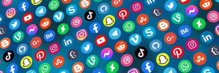 Stuttgart, Germany - April 5, 2021: Logo of social media icons marketing network Facebook, Instagram, YouTube, Twitter and WhatsApp on the internet banner in Stuttgart, Germany.のeditorial素材