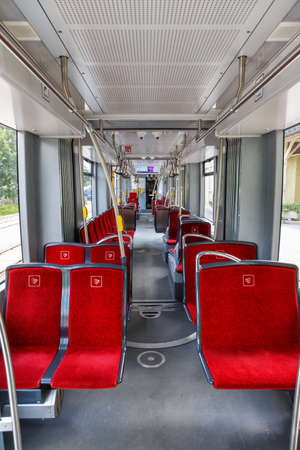 Fulpmes, Austria - August 1, 2020: Stubaitalbahn Innsbruck Tram train interior portrait format in Austria.のeditorial素材