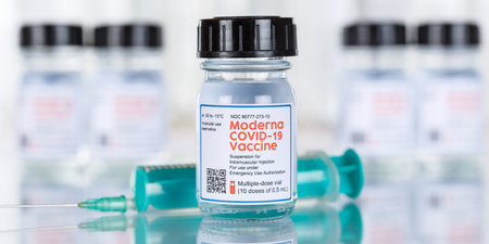 Stuttgart, Germany - March 19, 2021: Moderna Coronavirus Vaccine Corona Virus COVID-19 Covid syringe vaccines copyspace copy space banner in Germany.のeditorial素材