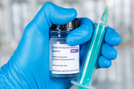 Stuttgart, Germany - March 19, 2021: AstraZeneca Coronavirus Vaccine Corona Virus COVID-19 Covid syringe vaccines in Germany.のeditorial素材