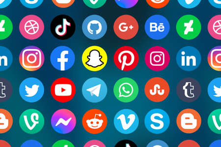 Stuttgart, Germany - April 5, 2021: Logo of social media icons marketing network Facebook, Instagram, YouTube, Twitter and WhatsApp on the internet in Stuttgart, Germany.のeditorial素材