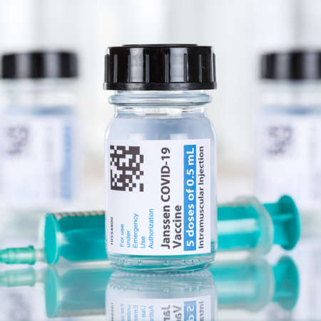 Stuttgart, Germany - March 19, 2021: Johnson & Johnson Coronavirus Vaccine Corona Virus COVID-19 Covid syringe vaccines square in Germany.のeditorial素材