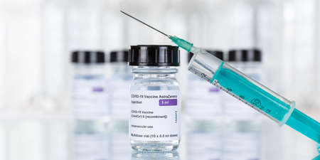 Stuttgart, Germany - March 19, 2021: AstraZeneca Coronavirus Vaccine Corona Virus COVID-19 Covid syringe vaccines copyspace copy space banner in Germany.のeditorial素材