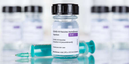 Stuttgart, Germany - March 19, 2021: AstraZeneca Coronavirus Vaccine Corona Virus COVID-19 Covid syringe vaccines copyspace copy space banner in Germany.のeditorial素材