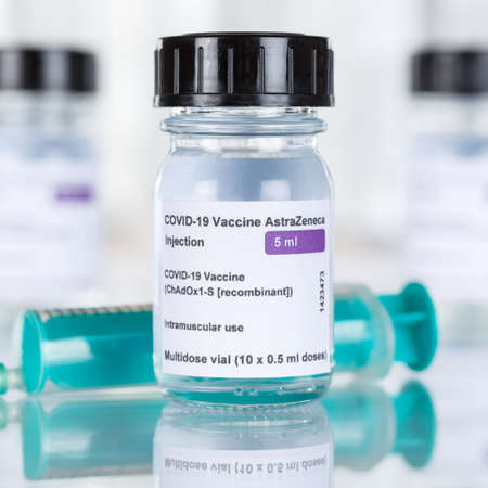 Stuttgart, Germany - March 19, 2021: AstraZeneca Coronavirus Vaccine Corona Virus COVID-19 Covid syringe vaccines square in Germany.のeditorial素材