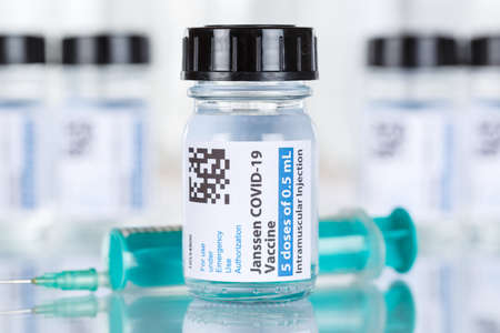 Stuttgart, Germany - March 19, 2021: Johnson & Johnson Coronavirus Vaccine Corona Virus COVID-19 Covid syringe vaccines copyspace copy space in Germany.のeditorial素材