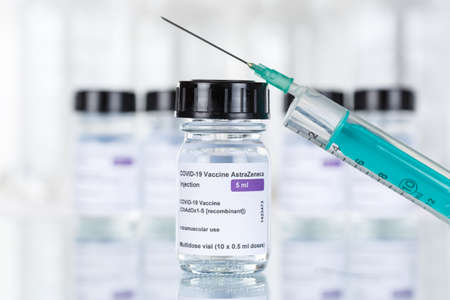 Stuttgart, Germany - March 19, 2021: AstraZeneca Coronavirus Vaccine Corona Virus COVID-19 Covid syringe vaccines copyspace copy space in Germany.のeditorial素材