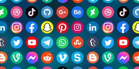Stuttgart, Germany - April 5, 2021: Logo of social media icons marketing network Facebook, Instagram, YouTube, Twitter and WhatsApp on the internet banner in Stuttgart, Germany.のeditorial素材