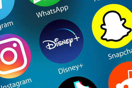 Stuttgart, Germany - April 5, 2021: Disney+ Disney Plus movie Video Streaming logo icon on the internet background in Stuttgart, Germany.のeditorial素材