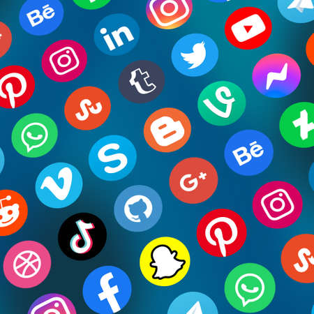 Stuttgart, Germany - April 5, 2021: Logo of social media icons marketing network Facebook, Instagram, YouTube, Twitter and WhatsApp on the internet square in Stuttgart, Germany.のeditorial素材