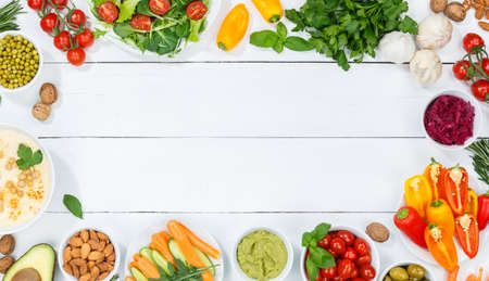 Vegetables background healthy vegan clean eating organic food superfood copyspace copy space on a wooden board bannerの写真素材