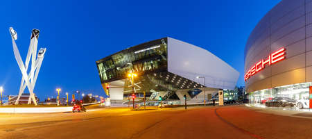 Stuttgart, Germany - March 2, 2021: Porsche museum headquarters headquarter art architecture panoramic view in Stuttgart, Germany.のeditorial素材